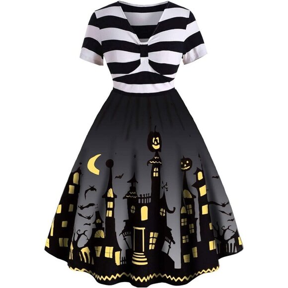 Women Black Halloween Dress Pumpkin Costume Flared Vintage Bat Print Line Dress - Picture 1 of 5